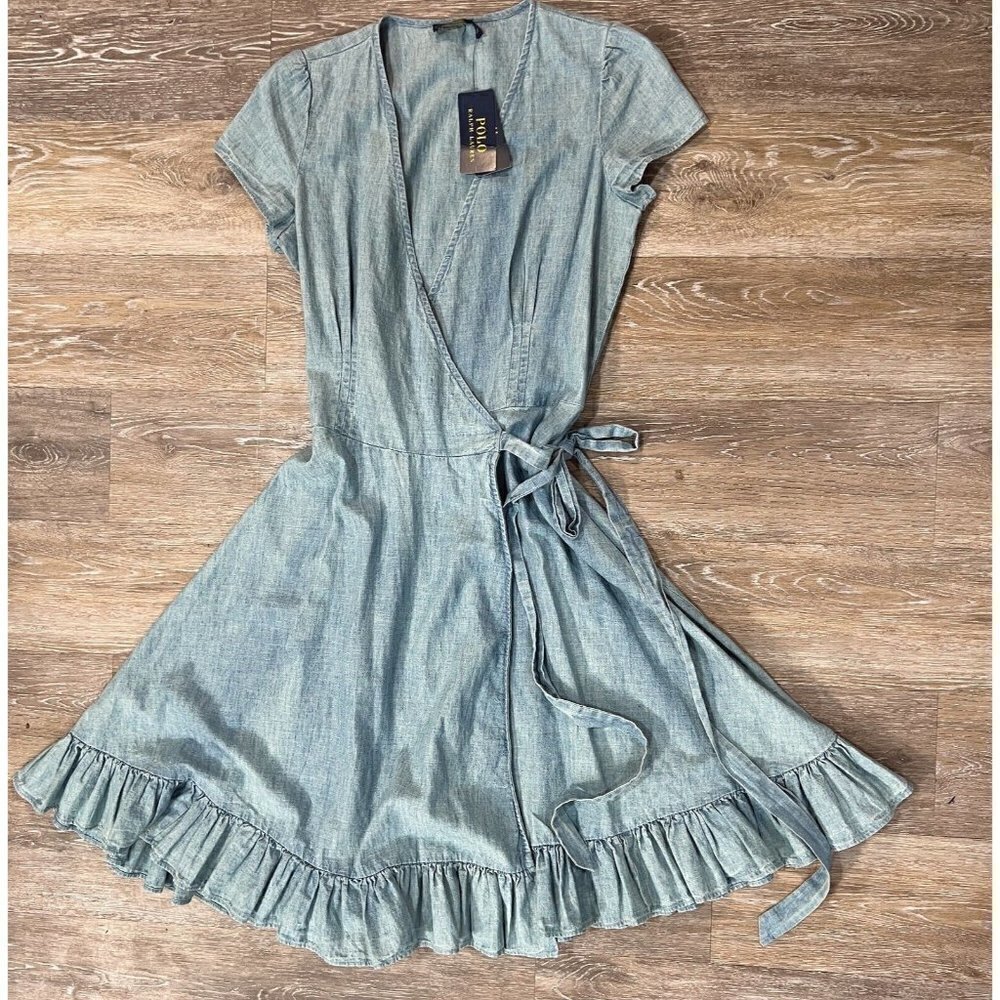 Polo Ralph Lauren Sz 0 Chambray Denim Ruffled Hem Wrap Dress Indigo Dyed NWT NEW